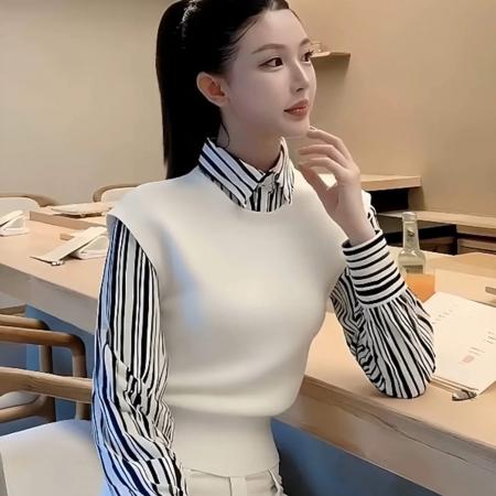 FA47162# 白色翻领针织衫叠穿马甲女新款巨好看早秋季穿搭韩系漂亮上衣  服裝批發女裝批發服飾貨源