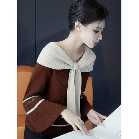FA47164# 咖色假两件宽松拼色针织衫软糯毛衣慵懒高级感秋冬女新款上衣  服裝批發女裝批發服飾貨源