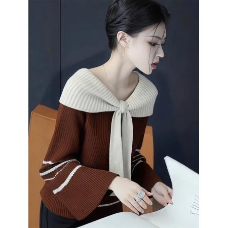 FA47164# 咖色假两件宽松拼色针织衫软糯毛衣慵懒高级感秋冬女新款上衣  服裝批發女裝批發服飾貨源