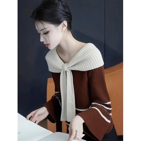 FA47164# 咖色假两件宽松拼色针织衫软糯毛衣慵懒高级感秋冬女新款上衣  服裝批發女裝批發服飾貨源