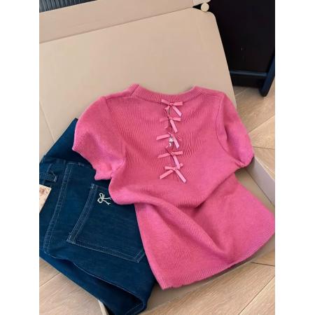 FA47166# 玫粉色蝴蝶结针织修身正肩短袖T恤女新款早秋季韩系穿搭上衣  服裝批發女裝批發服飾貨源