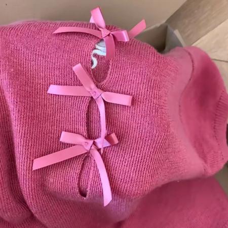 FA47166# 玫粉色蝴蝶结针织修身正肩短袖T恤女新款早秋季韩系穿搭上衣  服裝批發女裝批發服飾貨源