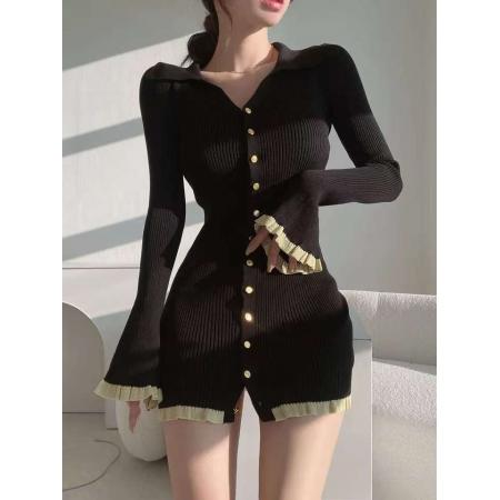 FA47168# 韩版INS小香风修身小个子洋气Polo领针织连衣裙  服裝批發女裝批發服飾貨源