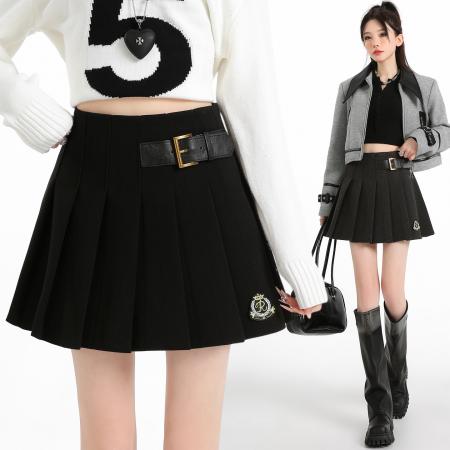 FA47169# 刺绣毛呢百褶半身裙女秋冬复古高腰显瘦防走光A字裙短裙  服裝批發女裝批發服飾貨源