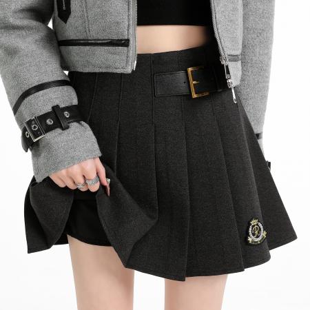 FA47169# 刺绣毛呢百褶半身裙女秋冬复古高腰显瘦防走光A字裙短裙  服裝批發女裝批發服飾貨源