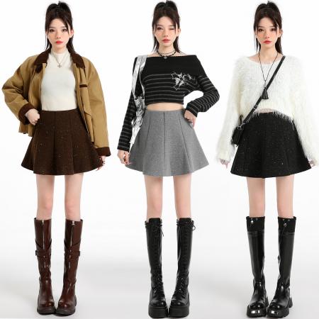 FA47170# 毛呢亮片半身裙女秋冬高腰显瘦蓬蓬百褶小个子防走光a字短裙  服裝批發女裝批發服飾貨源