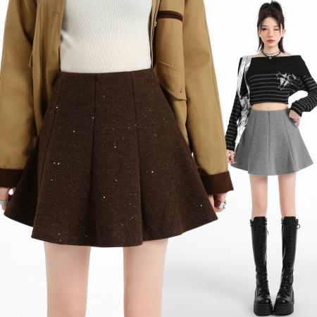 FA47170# 毛呢亮片半身裙女秋冬高腰显瘦蓬蓬百褶小个子防走光a字短裙  服裝批發女裝批發服飾貨源