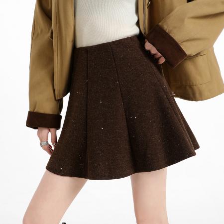 FA47170# 毛呢亮片半身裙女秋冬高腰显瘦蓬蓬百褶小个子防走光a字短裙  服裝批發女裝批發服飾貨源