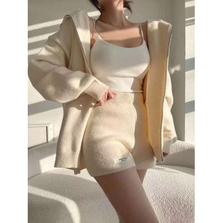 FA47171# 简约松弛感针织开衫毛衣连帽外套+短裤女  服裝批發女裝批發服飾貨源