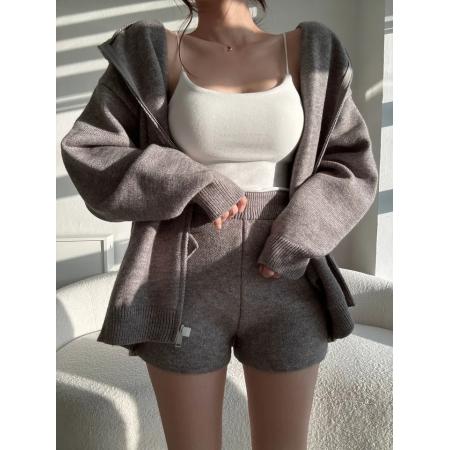 FA47171# 简约松弛感针织开衫毛衣连帽外套+短裤女  服裝批發女裝批發服飾貨源