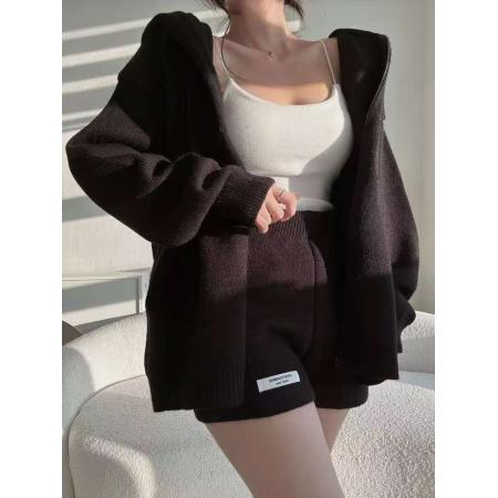 FA47171# 简约松弛感针织开衫毛衣连帽外套+短裤女  服裝批發女裝批發服飾貨源