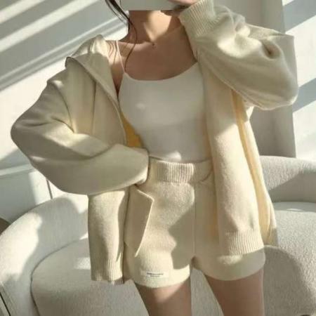 FA47171# 简约松弛感针织开衫毛衣连帽外套+短裤女  服裝批發女裝批發服飾貨源