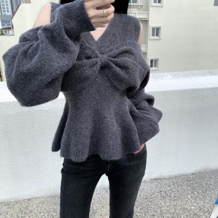 FA47172# 韩版时尚个性设计感慵懒氛围感穿搭灰色蝴蝶结毛衣上衣  服裝批發女裝批發服飾貨源