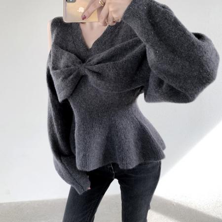 FA47172# 韩版时尚个性设计感慵懒氛围感穿搭灰色蝴蝶结毛衣上衣  服裝批發女裝批發服飾貨源