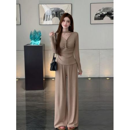 FA47173# 纯欲辣妹V领扭结长袖上衣女秋季新款修身显瘦高级感阔腿裤两件套  服裝批發女裝批發服飾貨源