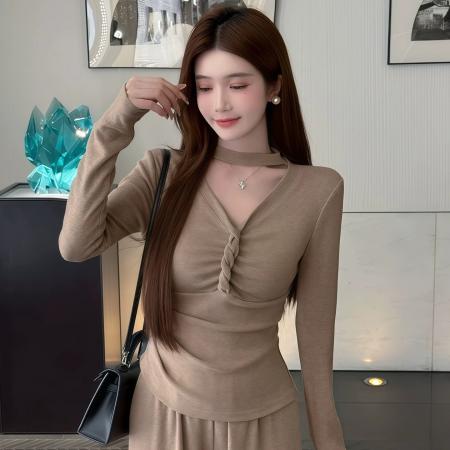 FA47173# 纯欲辣妹V领扭结长袖上衣女秋季新款修身显瘦高级感阔腿裤两件套  服裝批發女裝批發服飾貨源