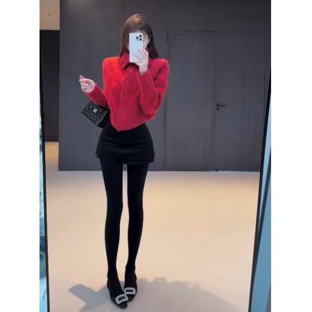 FA47176# 设计感翻领单排扣红色毛衣外套女冬季款洋气百搭短款针织开衫上衣  服裝批發女裝批發服飾貨源