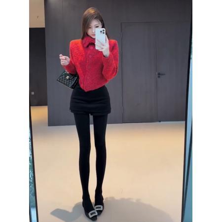 FA47176# 设计感翻领单排扣红色毛衣外套女冬季款洋气百搭短款针织开衫上衣  服裝批發女裝批發服飾貨源