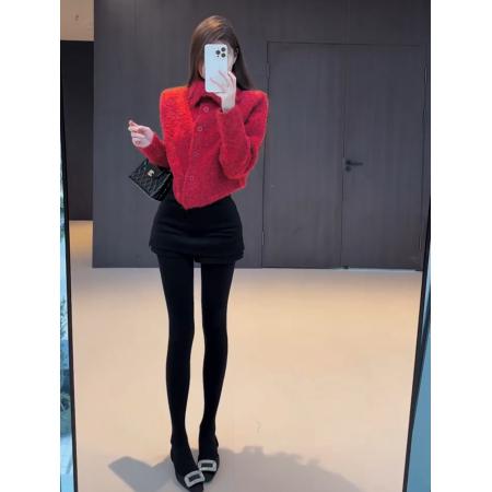 FA47176# 设计感翻领单排扣红色毛衣外套女冬季款洋气百搭短款针织开衫上衣  服裝批發女裝批發服飾貨源