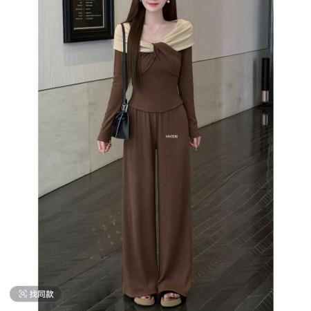 FA47177# 古早女主可可糖果设计感扭结撞色V领上衣直筒百搭裤两件套女  服裝批發女裝批發服飾貨源