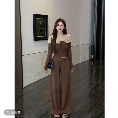 FA47177# 古早女主可可糖果设计感扭结撞色V领上衣直筒百搭裤两件套女  服裝批發女裝批發服飾貨源