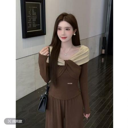 FA47177# 古早女主可可糖果设计感扭结撞色V领上衣直筒百搭裤两件套女  服裝批發女裝批發服飾貨源