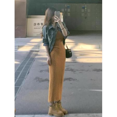 FA47179# 法式橘色内搭针织吊带连衣裙女秋冬外搭宽松中长款牛仔外套两件套  服裝批發女裝批發服飾貨源