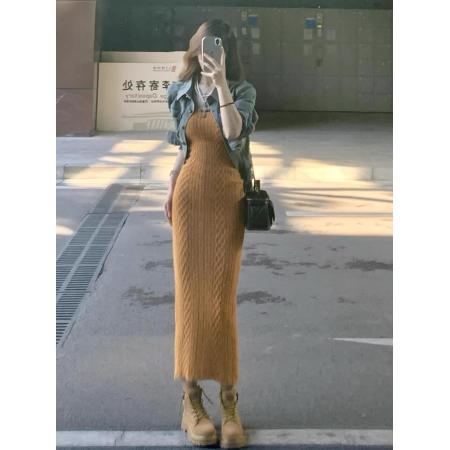 FA47179# 法式橘色内搭针织吊带连衣裙女秋冬外搭宽松中长款牛仔外套两件套  服裝批發女裝批發服飾貨源