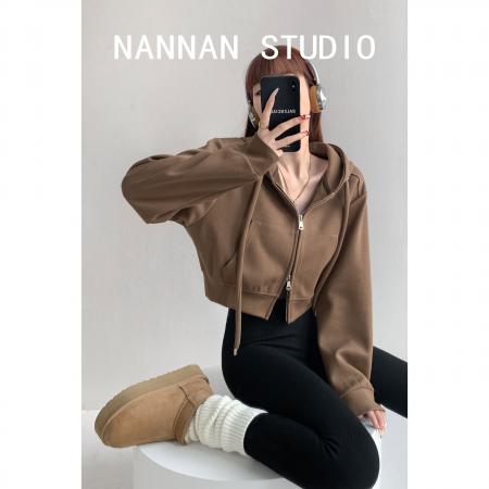 FA47183# 韩国东大门拉链短款露脐插兜帽衫女春秋宽松拉链连帽卫衣  服裝批發女裝批發服飾貨源