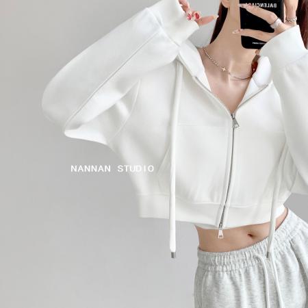 FA47183# 韩国东大门拉链短款露脐插兜帽衫女春秋宽松拉链连帽卫衣  服裝批發女裝批發服飾貨源