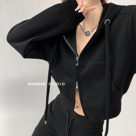 FA47183# 韩国东大门拉链短款露脐插兜帽衫女春秋宽松拉链连帽卫衣  服裝批發女裝批發服飾貨源