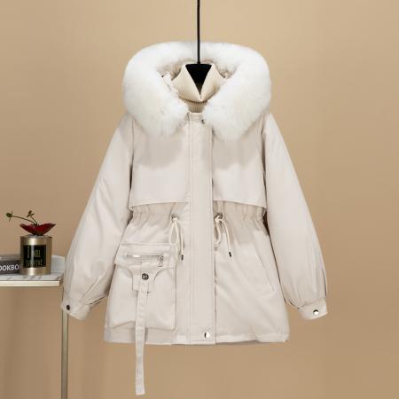 FA47184# 派克服女中长款收腰显瘦连帽大毛领加绒棉服大码韩版秋冬外套  服裝批發女裝批發服飾貨源