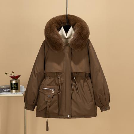 FA47184# 派克服女中长款收腰显瘦连帽大毛领加绒棉服大码韩版秋冬外套  服裝批發女裝批發服飾貨源