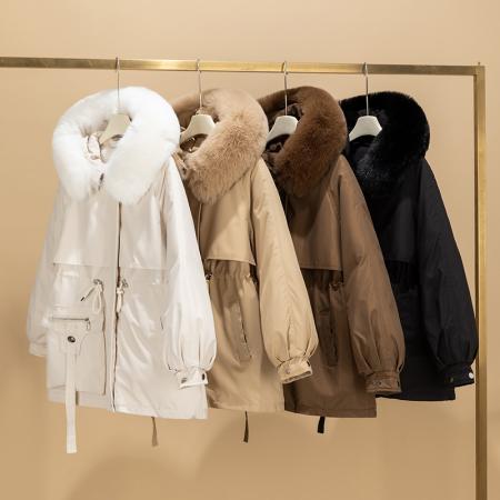 FA47184# 派克服女中长款收腰显瘦连帽大毛领加绒棉服大码韩版秋冬外套  服裝批發女裝批發服飾貨源