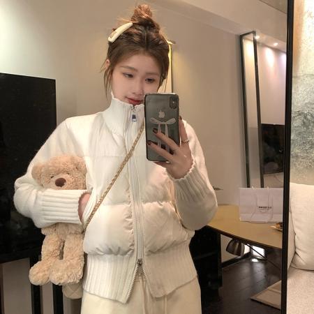 FA47187# 秋冬新款法式气质设计感小众拼接毛衣短款白色羽绒服保暖外套  服裝批發女裝批發服飾貨源