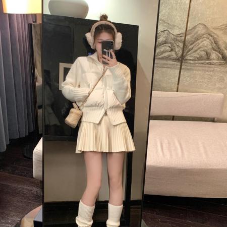 FA47187# 秋冬新款法式气质设计感小众拼接毛衣短款白色羽绒服保暖外套  服裝批發女裝批發服飾貨源