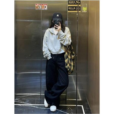 FA47189# 纯棉白金拉链短款拉链卫衣外套开衫新款慵懒风  服裝批發女裝批發服飾貨源