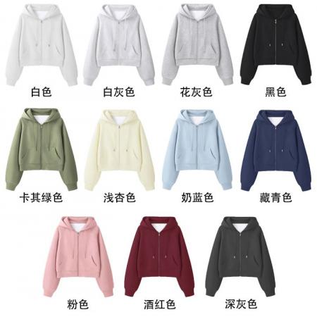 FA47190# 纯棉白金拉链短款拉链卫衣外套开衫新款慵懒风跨境  服裝批發女裝批發服飾貨源