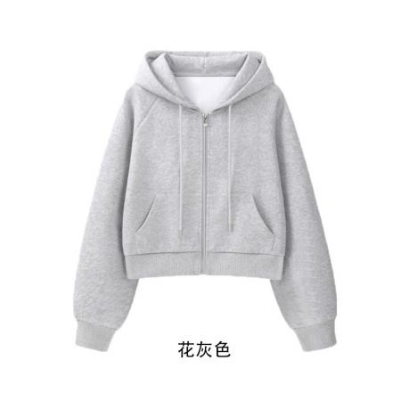 FA47190# 纯棉白金拉链短款拉链卫衣外套开衫新款慵懒风跨境  服裝批發女裝批發服飾貨源