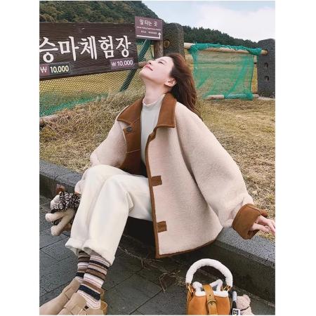 FA47191# 牛角扣麂皮绒羊羔毛外套女冬新款小个子皮毛一体短款加厚棉衣  服裝批發女裝批發服飾貨源