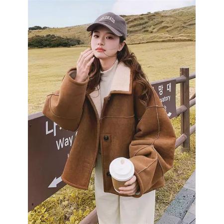 FA47191# 牛角扣麂皮绒羊羔毛外套女冬新款小个子皮毛一体短款加厚棉衣  服裝批發女裝批發服飾貨源