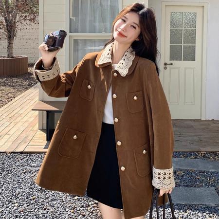 FA47193# 原版有内里复古翻领中长款麂皮/丝绒外套工装风衣美拉德穿搭风衣  服裝批發女裝批發服飾貨源