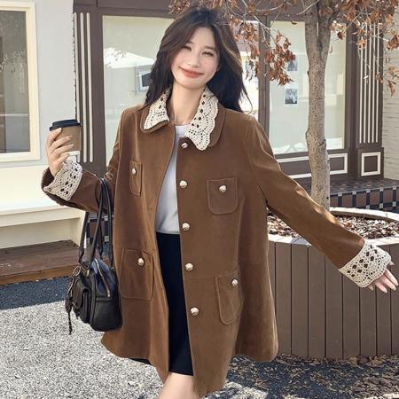 FA47193# 原版有内里复古翻领中长款麂皮/丝绒外套工装风衣美拉德穿搭风衣  服裝批發女裝批發服飾貨源