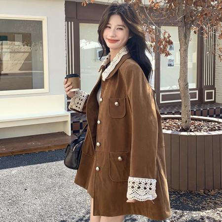 FA47193# 原版有内里复古翻领中长款麂皮/丝绒外套工装风衣美拉德穿搭风衣  服裝批發女裝批發服飾貨源