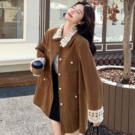 FA47193# 原版有内里复古翻领中长款麂皮/丝绒外套工装风衣美拉德穿搭风衣  服裝批發女裝批發服飾貨源