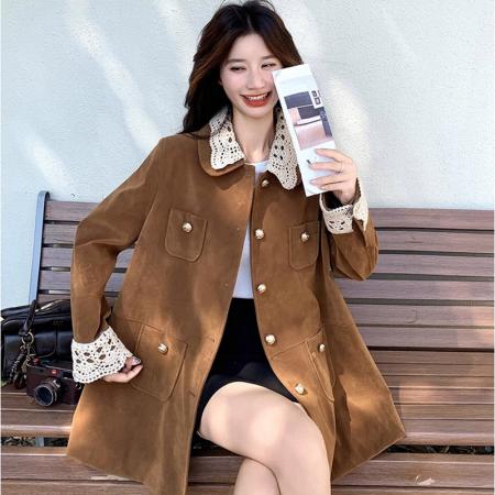 FA47193# 原版有内里复古翻领中长款麂皮/丝绒外套工装风衣美拉德穿搭风衣  服裝批發女裝批發服飾貨源