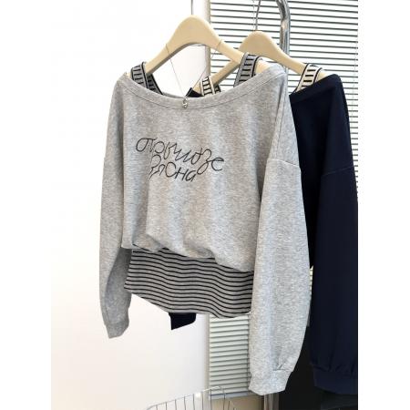 FA47194# 新款早秋季超火减龄露肩长袖卫衣大码女装胖mm假两件别致上衣  服裝批發女裝批發服飾貨源