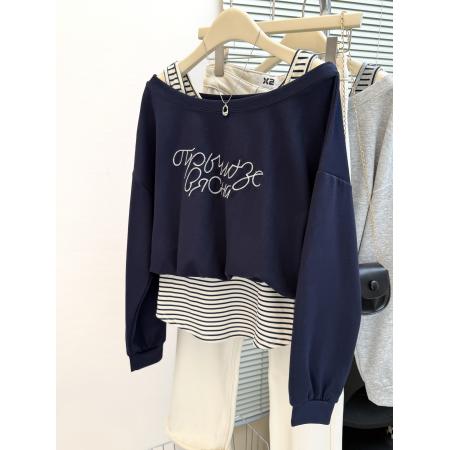 FA47194# 新款早秋季超火减龄露肩长袖卫衣大码女装胖mm假两件别致上衣  服裝批發女裝批發服飾貨源