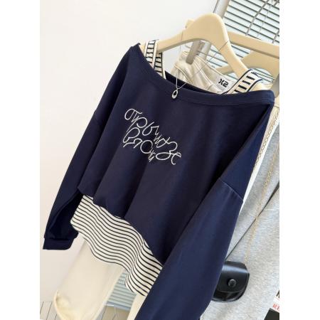 FA47194# 新款早秋季超火减龄露肩长袖卫衣大码女装胖mm假两件别致上衣  服裝批發女裝批發服飾貨源