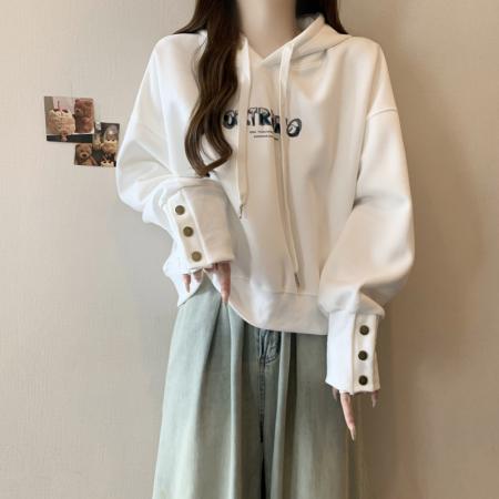 FA47195# 华棉设计感袖口纽扣连帽套头短款卫衣女新款短款帽衫上衣外套  服裝批發女裝批發服飾貨源